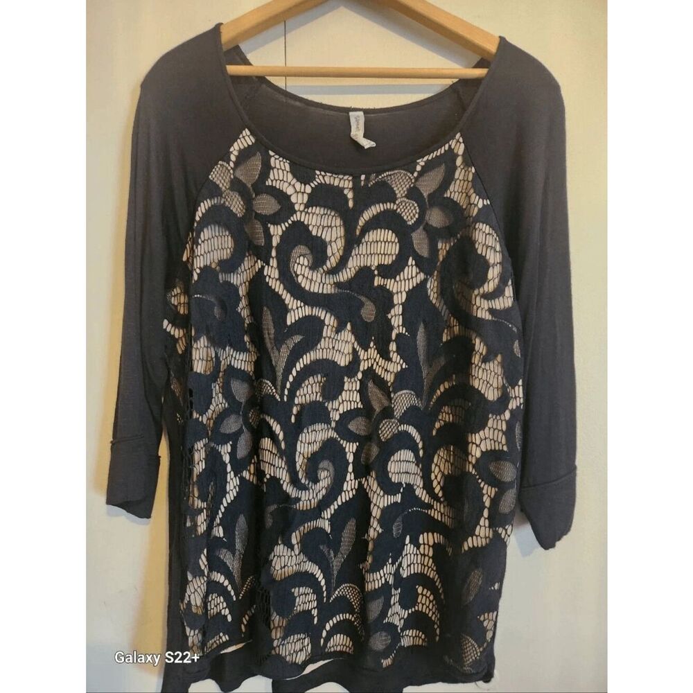F99 Sweet Grey Women's Black Lace-Overlay Pullover stretchy Top